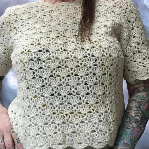 Vintage 60s shimmery cream chunky knit short sleeve pull over sweater M/L - Picture 7 of 10